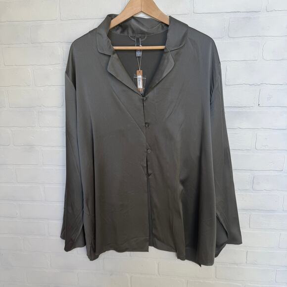 Skims NWT Gunmetal Grey Long Sleeve Silk Lounge Shirt sz 3X Plus Size - Picture 1 of 6